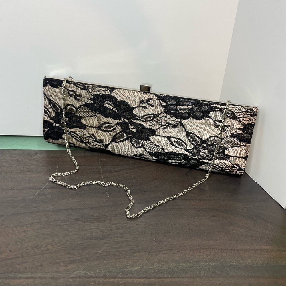 Jessica McClintock‎ Vintage Black and Cream Clutch with Silver Chain